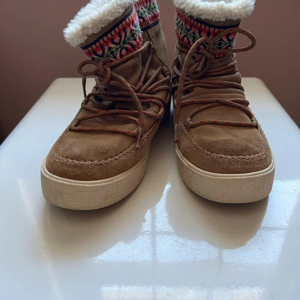 TOMS Alpine Brown Suede Leather Lace Up Faux‎ Fur Ankle Sneaker Boots